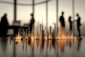 Golden Cityscape Model on Office Table with Blurred Business People Background
