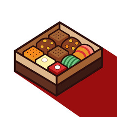 Assortment of colorful sweet treats in a wooden box