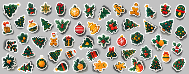 A collection of flat-style holiday stickers featuring symbols like Christmas trees, snowflakes, and gingerbread men isolated on grey background