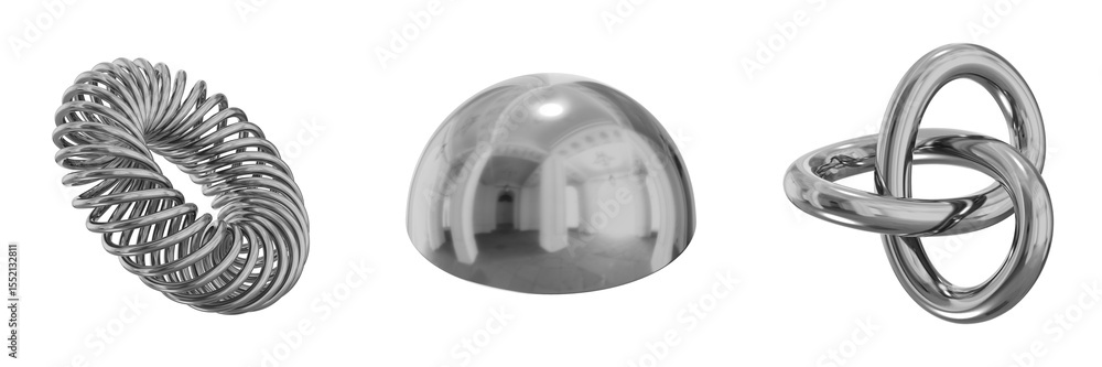 Fototapete 3d chrome metallic abstract shape objects, 3d rendering steel gradient shape design element, futuris