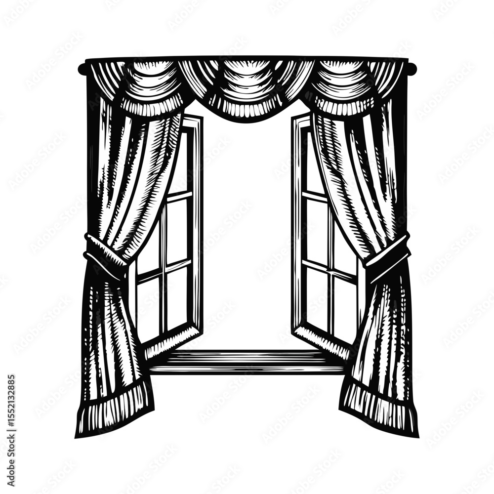 Poster open window with elegant curtains hand drawn illustration. window with draped curtains, showcasing d