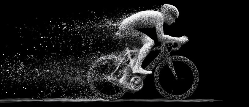 abstract silhouette of a man, cyclist riding a bike; profesional biker made of silver particles; black background; minimalistic wide banner; copy space