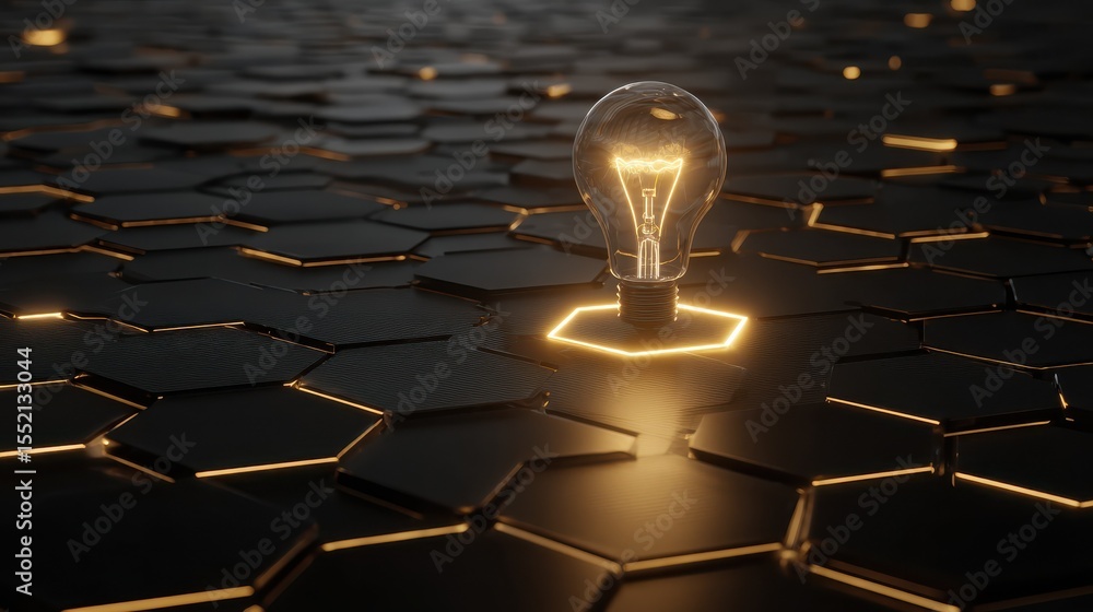 Poster glowing lightbulb on hexagonal patterned platform