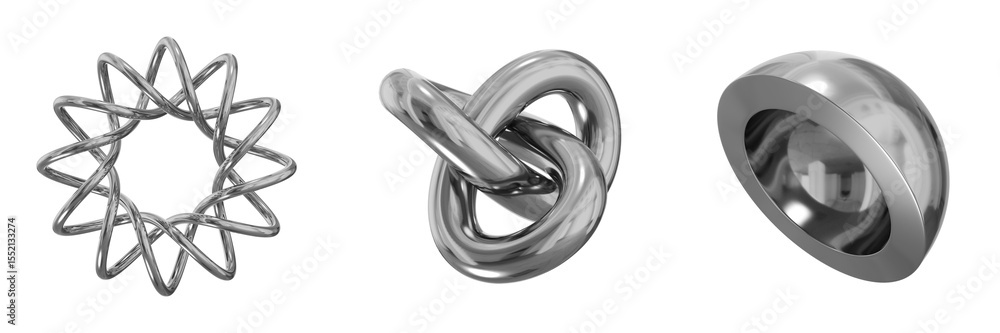 Poster 3d chrome metallic abstract shape objects, 3d rendering steel gradient shape design element, futuris
