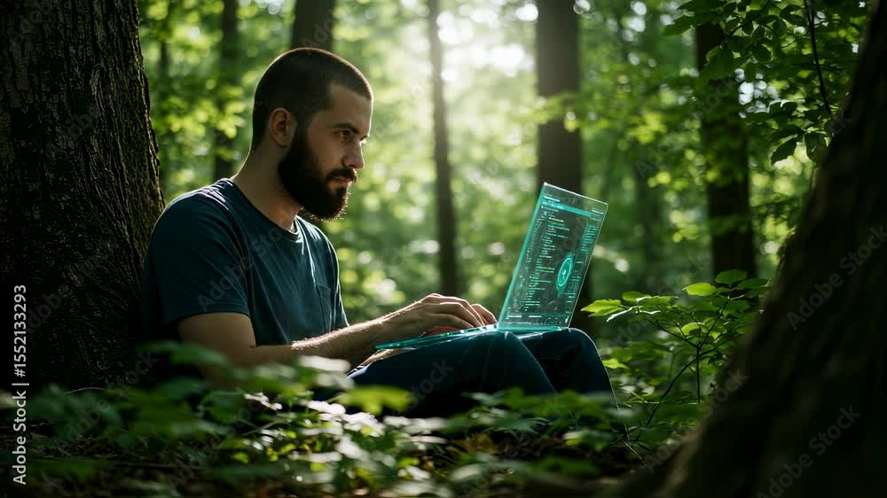 Poster man with beard using modern transparent laptop in forest. digital data processing outdoors. future t