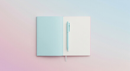 Flat lay of pastel notebook and pen with soft background