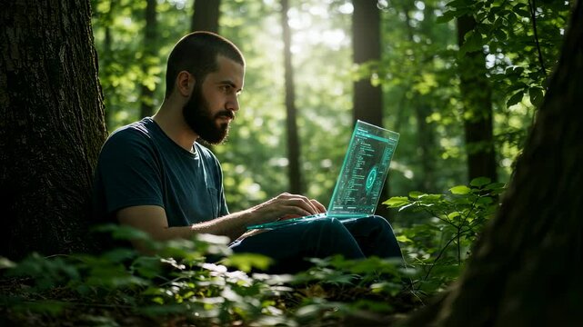 Man with beard using modern transparent laptop in forest. Digital data processing outdoors. Future technology, green computing concept footage.