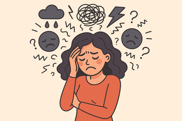 Stressed woman with anxiety and negative emotions, confusion and mental health issues, overwhelmed, depression, headache, sadness, mental disorder, cartoon vector illustration, emotional distress