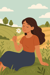 Peaceful woman sitting on grass holding white daisy flower, relaxing in countryside field, summer rural landscape, nature outdoor leisure, vector cartoon illustration, calm lifestyle scene