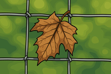 Autumn withered brown leaf stuck on metal wire fence, vibrant green blurred background, seasonal change, nature contrast, fall foliage, vector cartoon illustration, no text design