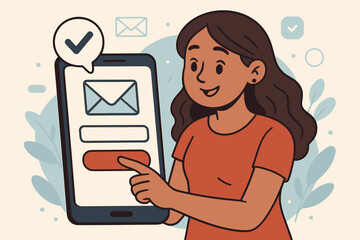 Woman Signing Up for Email Newsletter on Smartphone, Digital Subscription Service Concept, Modern Communication, Online Registration, Vector Illustration, Mobile App User Experience