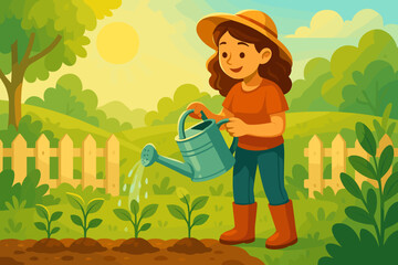 Cartoon woman gardener watering young plants in sunny backyard garden, morning sunlight, spring or summer outdoor scene, eco-friendly agriculture, nature care, boots, hat, green landscape