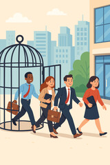 Business people leaving open birdcage, returning to office, freedom from restrictions, back to work, corporate team, employee liberation, workplace concept, city background, vector illustration