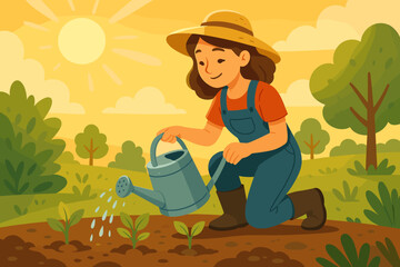 Young Woman Gardener Watering Seedlings in Sunny Garden Morning, Agriculture Concept, Cartoon Vector Illustration, Outdoor Farming, Spring Plant Care, Eco Lifestyle, Nature Background