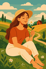 Young woman relaxing in countryside field, holding white daisy flower, sitting barefoot on grass, wearing sun hat and casual clothes, peaceful rural landscape, summer nature vector illustration