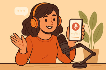 Woman podcast host recording audio with microphone and headphones, holding smartphone with voice recording app, cartoon vector illustration, content creator, podcasting, digital media concept