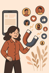 Social media marketing woman using magnet to attract followers and engagement, digital customer acquisition strategy, influencer promotion, online business growth, cartoon vector illustration