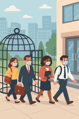Business people leaving open cage, returning to office after pandemic, freedom from lockdown, back to work, teamwork, corporate employees, new normal, cityscape, masks, safety, vector illustration