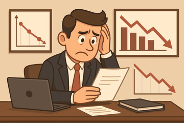 Worried businessman analyzing financial loss, declining charts, economic downturn, leadership stress, business crisis, falling profits, negative statistics, vector cartoon office illustration