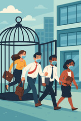 Business people leaving open cage, returning to office after lockdown. Freedom from restrictions, workplace comeback, post-pandemic transition, teamwork, masks, urban cityscape, metaphor concept