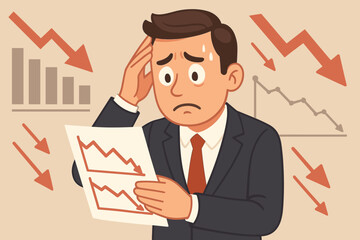 Stressed businessman analyzing financial loss, negative growth, declining sales, economic crisis, market downturn, business failure, leadership challenge, cartoon vector illustration, no text