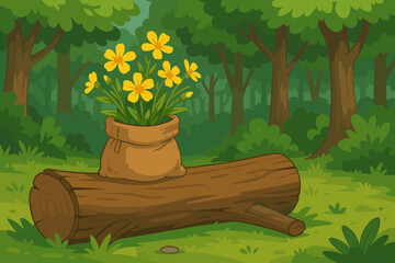 Yellow wildflowers in rustic sack on fallen log in lush green forest, cartoon vector landscape, woodland nature scene, bright flowers, woodland flora, summer meadow, outdoor adventure, vibrant foliage