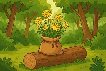 Bright Yellow Wildflowers in Burlap Sack on Fallen Log in Lush Green Forest. Cartoon Nature Scene. Spring Meadow Flowers Arrangement. Woodland Landscape. Botanical Vector Illustration