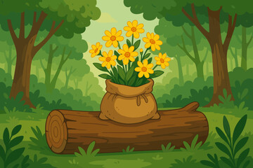Vibrant yellow wildflowers in burlap sack on fallen log in lush green forest. Cartoon vector illustration. Spring woodland nature scene, floral arrangement, outdoor landscape, peaceful environment