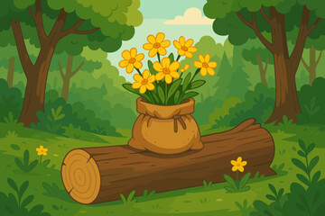 Bright yellow wildflowers in burlap sack on fallen tree log in lush green forest, spring nature landscape, cartoon vector illustration, whimsical woodland scene, outdoor flora concept