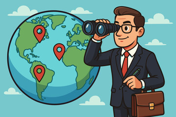 Businessman with binoculars looking at globe with pins. Global business vision concept. International market research, corporate strategy, expansion, and future opportunity. Vector.