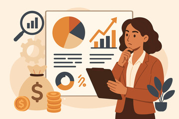 Businesswoman analyzing financial data on a chart. Marketing analyst thinking about strategy and investment growth. Concept of market research, economic report, and profit planning.