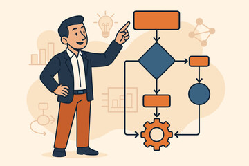 Businessman presents a workflow flowchart. Concept of business process management, project planning, strategy, and optimization. Algorithm, decision making, efficiency, automation.