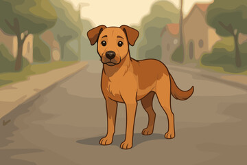 Lonely stray dog cartoon illustration. Lost homeless pet standing alone on a quiet neighborhood street. Concept of animal welfare, pet adoption, abandonment, and rescue shelter.