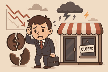 Financial crisis and economic recession concept. Stressed businessman character facing bankruptcy and business failure. Small business owner with a closed store due to debt problems.