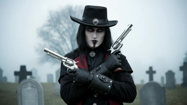 Mysterious gunfighter in foggy graveyard surrounded by tombstones and mist