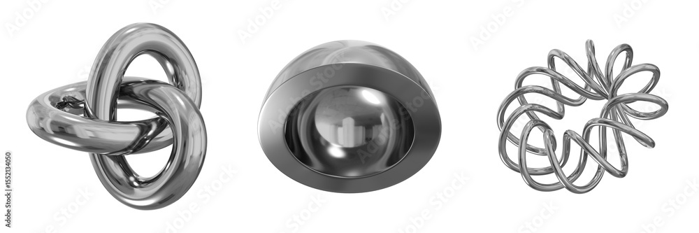 Poster 3d chrome metallic abstract shape objects, 3d rendering steel gradient shape design element, futuris