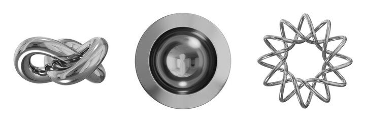 3D Chrome Metallic Abstract Shape Objects, 3d rendering steel gradient shape design element, futuristic, shiny design