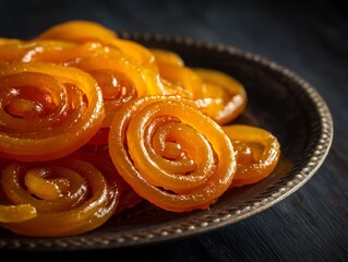 Fototapeta premium Fresh jalebi spiral shapes glossy with sugar syrup served hot Indian sweet festival dessert vibrant orange color