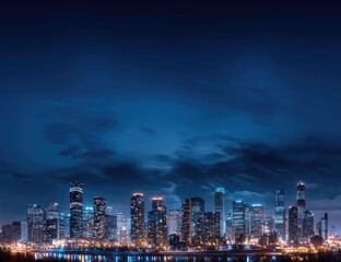 Fototapeta premium Skyscrapers glow under a dark purple sky, highlighting the vibrant nightlife and urban energy of the bustling city after sunset