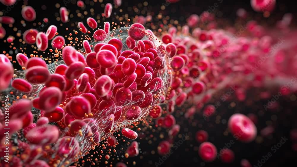 Poster visualization of blood cells flowing through a blood vessel, highlighting cellular structures and dy