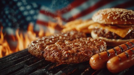 Juicy hamburger patties and grilled hotdogs on flaming barbecue with fries and burger in background under American flag for 4th of July BBQ