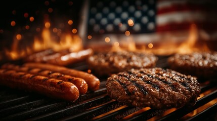 Grilled hotdogs and hamburger patties sizzling over open flame with American flag in background for 4th of July cookout celebration