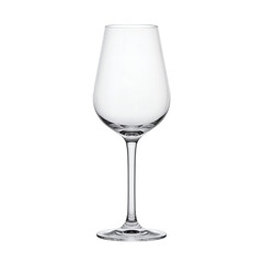 Elegant wine glass with slender stem and clear bowl on white background  
