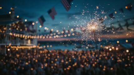 Sparkler shining bright during 4th of July evening celebration with American flags and glowing crowd under twilight sky