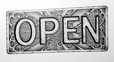 Vintage open sign with intricate design in black and white  
