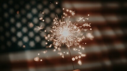 sparkler glowing in hand with dramatic spark trails against soft blurred American flag backdrop representing patriotic holiday spirit