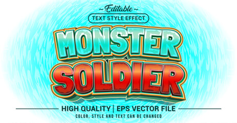 Editable text effect vector with Monster Soldier theme in spooky yet playful style – perfect for Halloween designs, monster games, kids horror comics, and fun spooky posters