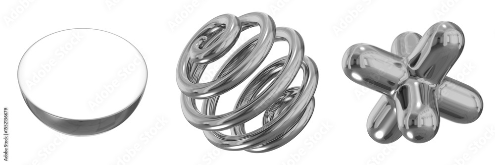 Poster 3d chrome metallic abstract shape objects, 3d rendering steel gradient shape design element, futuris