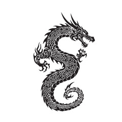 Fototapeta premium Vector illustration of a fierce dragon in tribal tattoo style, full body design with flames and horns, thick black lines and curved shapes,