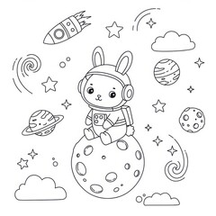 Cute bunny astronaut sitting on moon with rocket and planets coloring page  